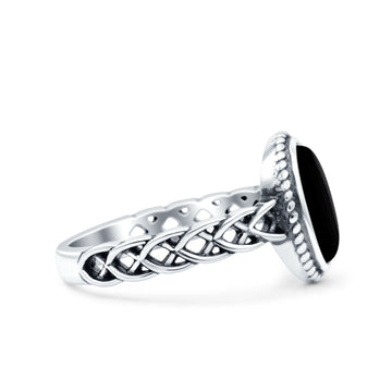 Weave Celtic Vintage Style Lab Opal Ring Solid Oval Oxidized Simulated Black Onyx 925 Sterling Silver